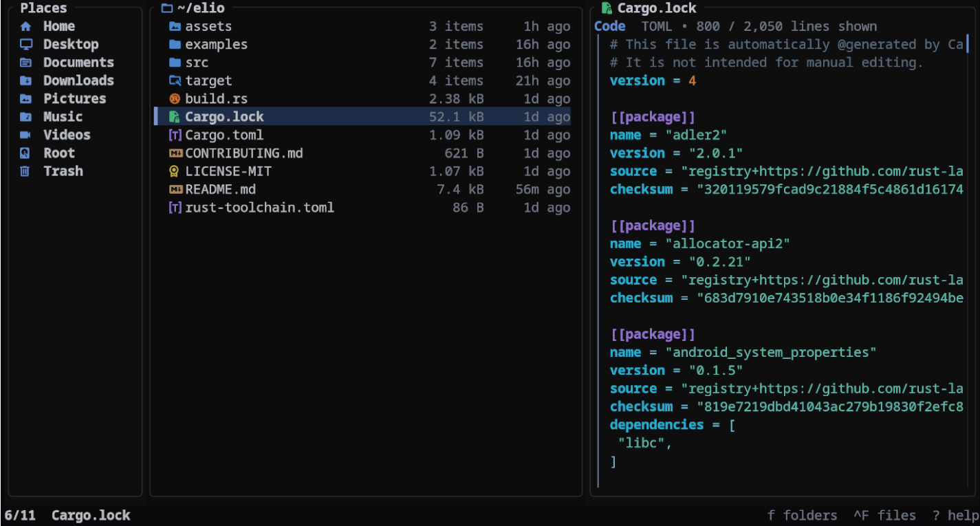 Default elio interface showing places, files, and preview panes.